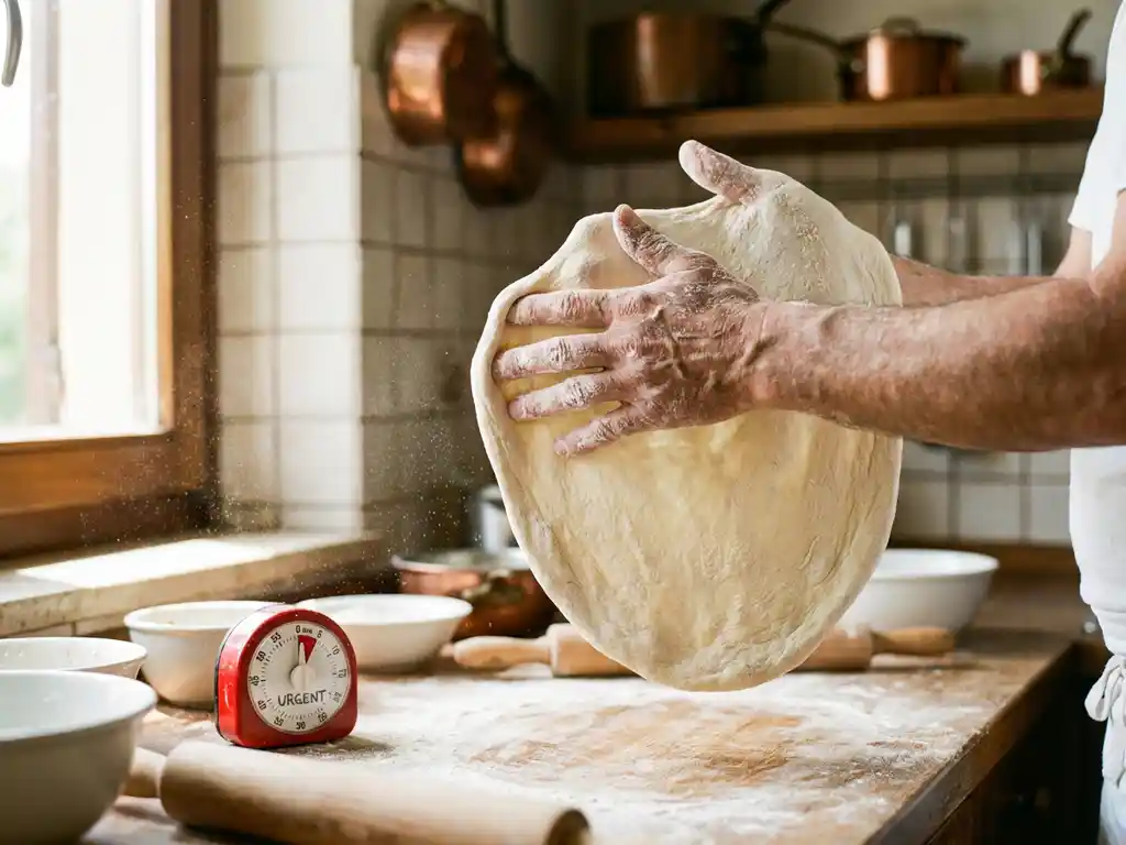 Met bloem bestoven handen rekken vers pizzadeeg boven een houten aanrecht, warm namiddaglicht vangt zwevende meeldeeltjes