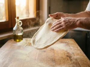 Met bloem bestoven handen rekken vers pizzadeeg boven een houten aanrecht, warm Toscaans licht door het keukenraam