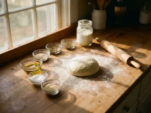 Verse pizzadeeg op rustiek houten aanrecht met bloem, olijfolie, zeezout en gist in glazen kommetjes, warm zonlicht