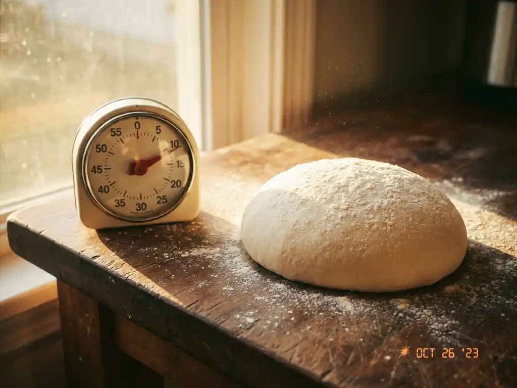Vers pizzadeeg op een rustiek houten aanrecht met bloem, naast een vintage keukentimer in warm namiddaglicht
