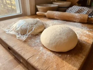 Verse pizzadeeg op rustieke houten snijplank met ingepakt restdeeg, bloem en deegroller in warm keukenlicht