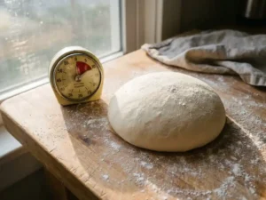 Vers pizzadeeg op een rustiek houten snijplank met bloem, naast een vintage keukentimer in warm ochtendlicht