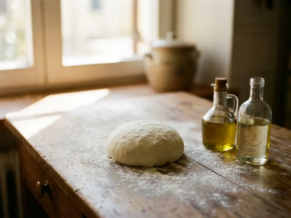 Vers pizzadeeg op een met bloem bestoven houten werkblad, naast flesjes olijfolie en zonnebloemolie in warm daglicht