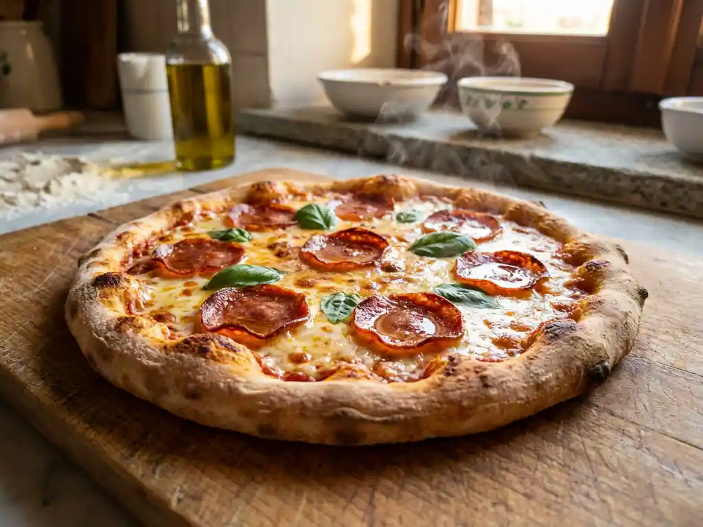 Versgebakken salamipizza op houten snijplank met krokante pepperoni, gouden mozzarella en verse basilicum