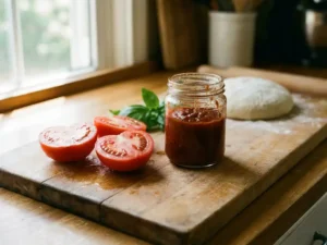 Rijpe rode tomaten gehalveerd op een rustieke houten snijplank met huisgemaakte tomatensaus en verse basilicum
