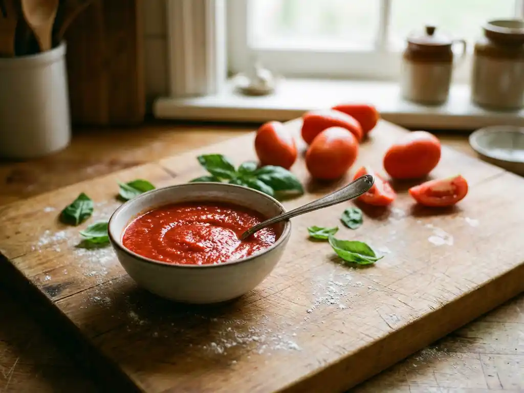 Kom verse rode tomatensaus in een schaaltje op een rustieke houten snijplank met basilicum en Roma tomaten