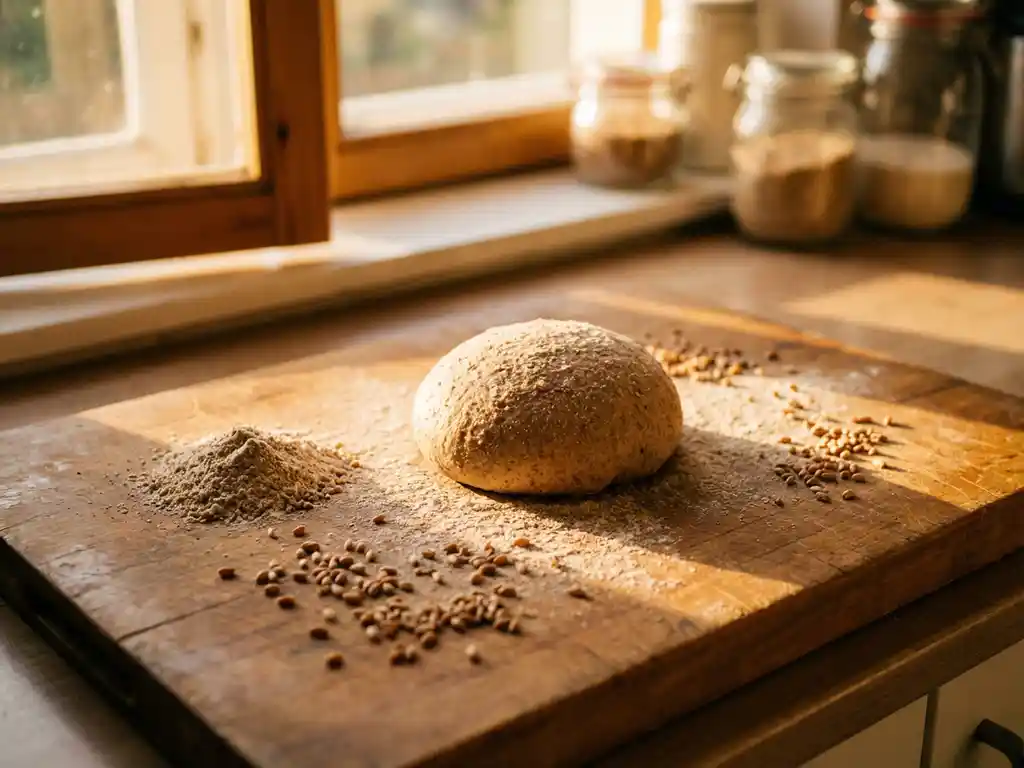 Vers gekneed volkorendeeg op rustieke houten snijplank met tarwekorrels in warm keukenlicht