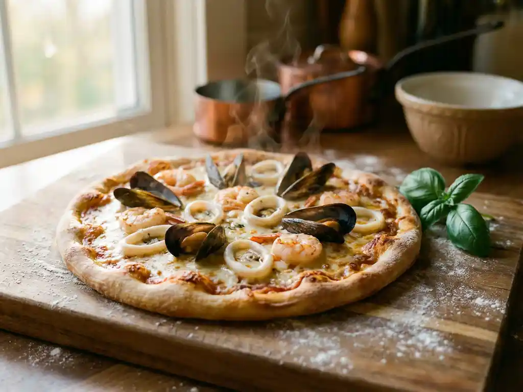 Versgebakken zeevruchten pizza met garnalen, mosselen en calamari op een rustieke houten snijplank met verse basilicum