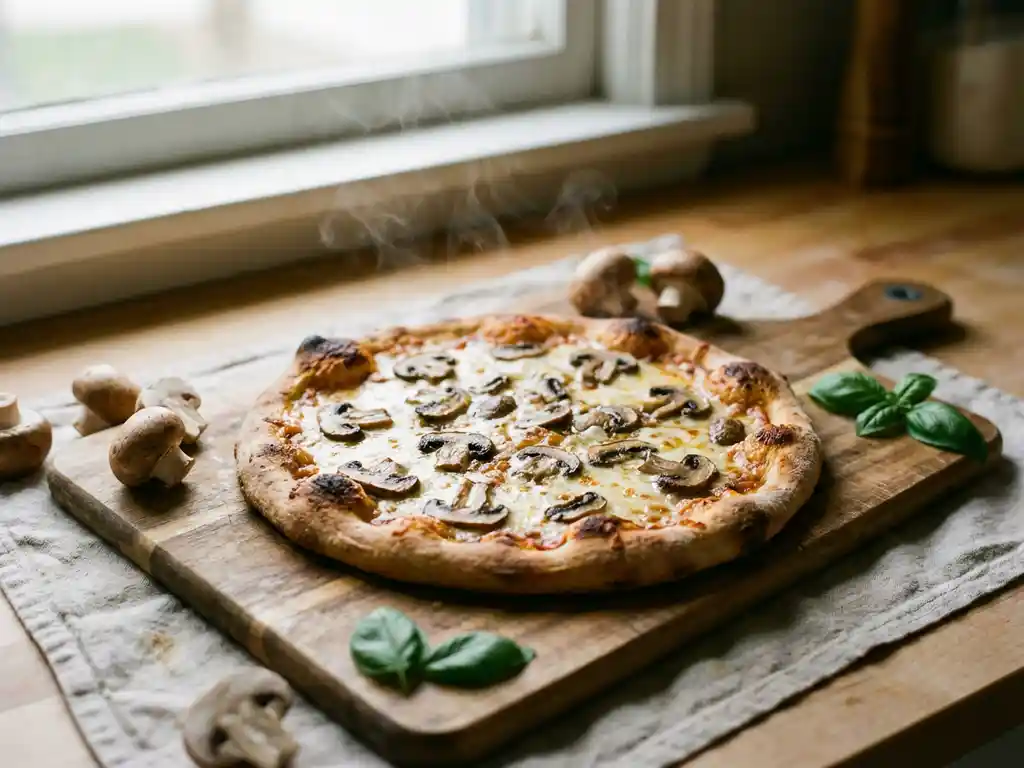 Versgebakken huisgemaakte pizza met gesmolten mozzarella en gebakken champignons op een houten snijplank