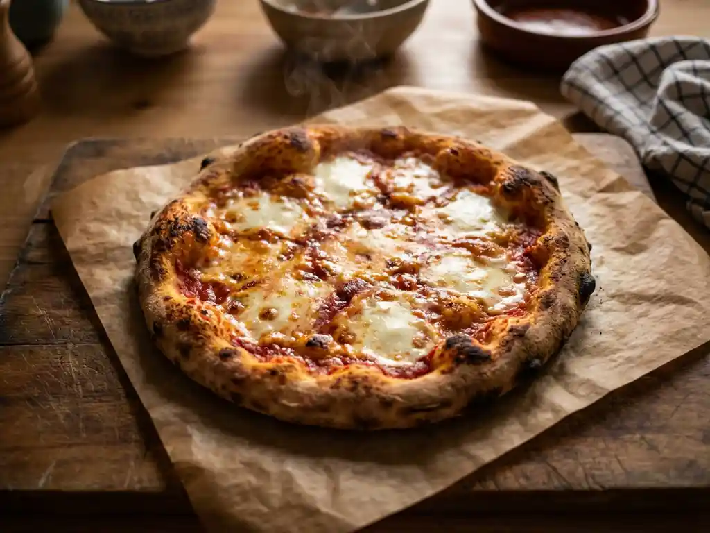 Versgebakken huisgemaakte pizza met goudbruine borrelende kaas op bakpapier op een rustieke houten snijplank