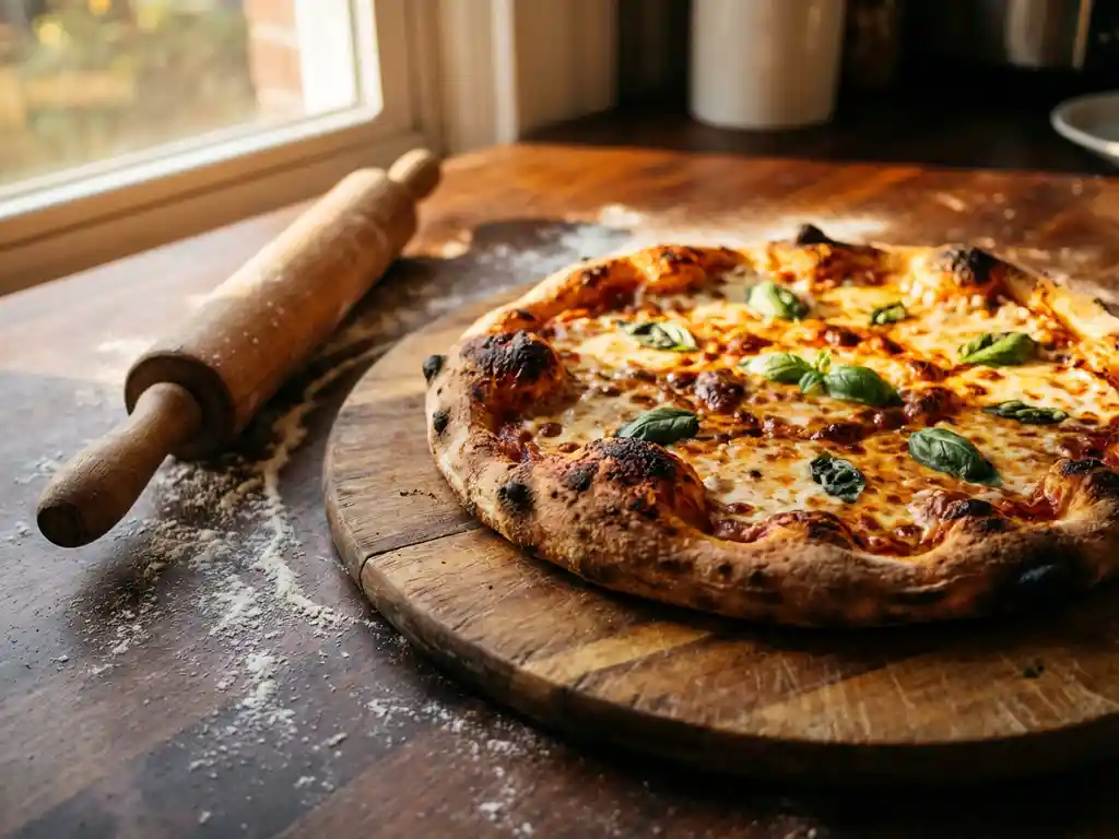 Versgebakken huisgemaakte pizza met goudbruine kaas en basilicum op een rustieke houten snijplank in warm keukenslicht