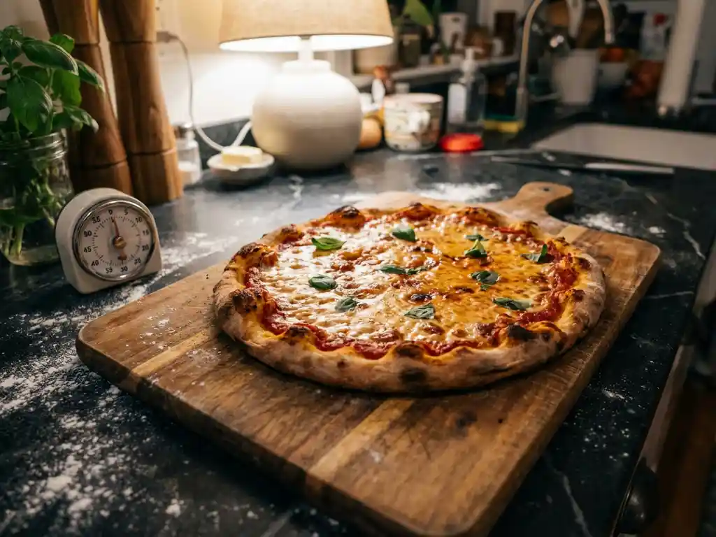 Vers gebakken huisgemaakte pizza met goudbruine mozzarella en basilicum op een houten snijplank in een gezellige keuken
