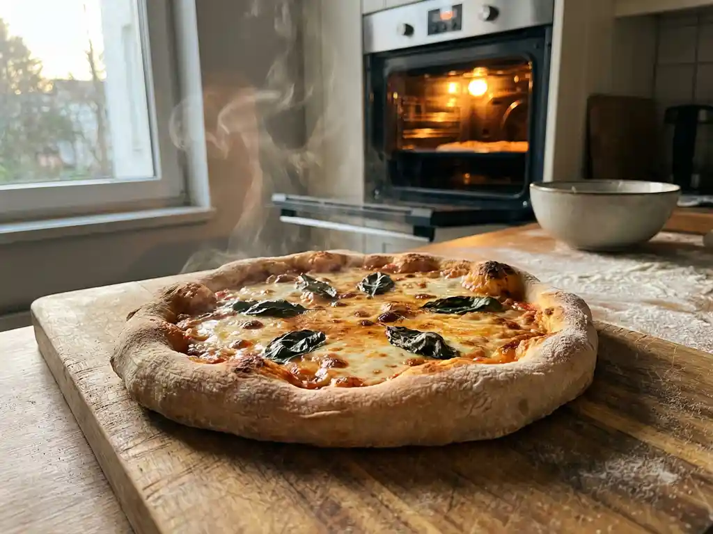 Versgebakken huisgemaakte pizza met goudbruine mozzarella op een houten snijplank voor een open oven in een gezellige keuken
