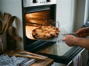 Versgebakken huisgemaakte pizza met goudbruine borrelende mozzarella in een gloeiende oven, stoom stijgt op van de kaas