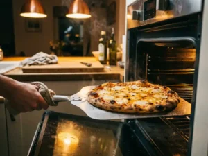 Versgebakken pizza met borrelende gouden mozzarella en verkoolde korstranden in een gloeiende huisoven
