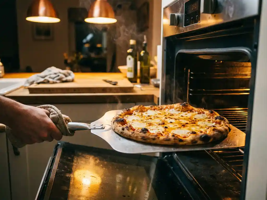 Versgebakken pizza met borrelende gouden mozzarella en verkoolde korstranden in een gloeiende huisoven