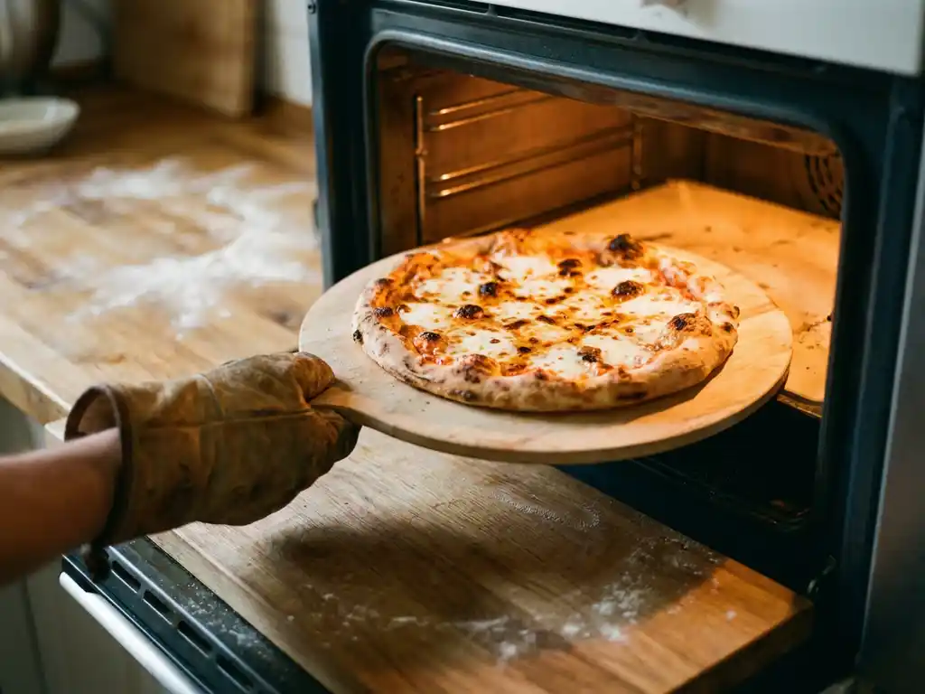 Goudbruine pizza met borrelende mozzarella wordt gedraaid in een gloeiende oven, hand met ovenwant houdt pizzaschep vast