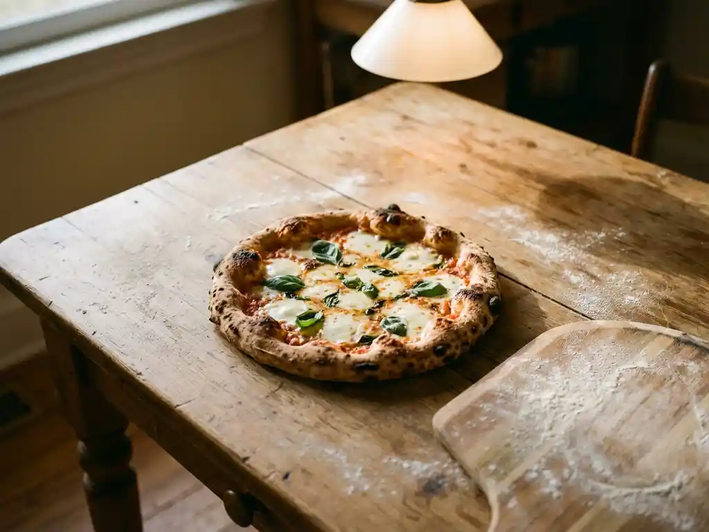 Versgebakken huisgemaakte pizza met gesmolten mozzarella en verse basilicum op een rustieke houten keukentafel