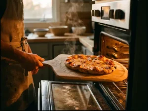 Goudbruine pizza met borrelende korst komt uit een gloeiende huisoven, stoom stijgt op van gesmolten kaas