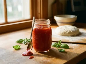 Glazen weckpot met glanzende huisgemaakte tomatensaus op houten aanrecht, verse basilicum en pizzadeeg op achtergrond
