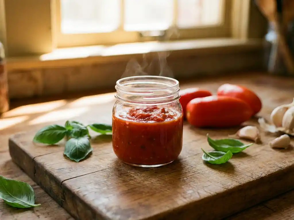 Glazen potje huisgemaakte tomatensaus op houten snijplank met verse basilicum, San Marzano tomaten en knoflook
