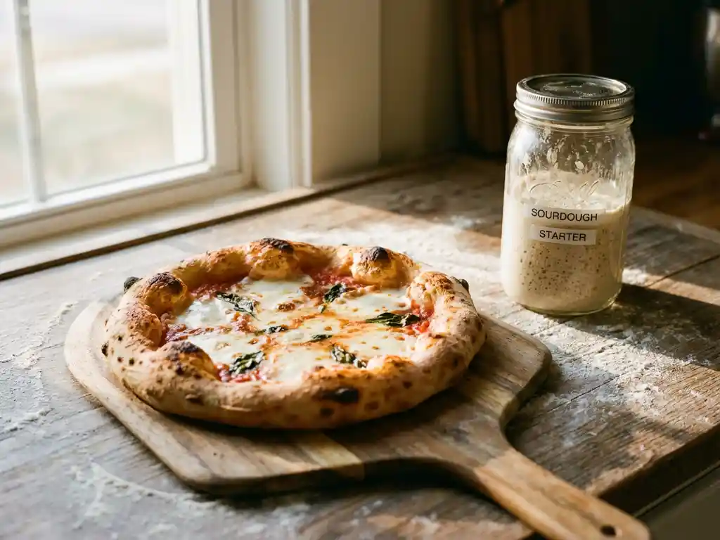 Vers gebakken zuurdesempizza met goudbruine korst en gesmolten mozzarella op houten pizzaschep naast bubbelende starter