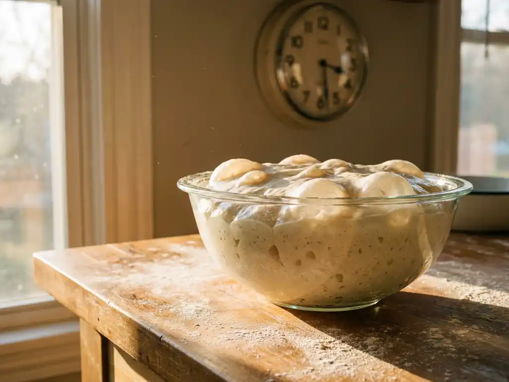 Rijzend zuurdesempizzadeeg met fermentatiebellen in glazen kom op houten aanrecht, warm namiddaglicht