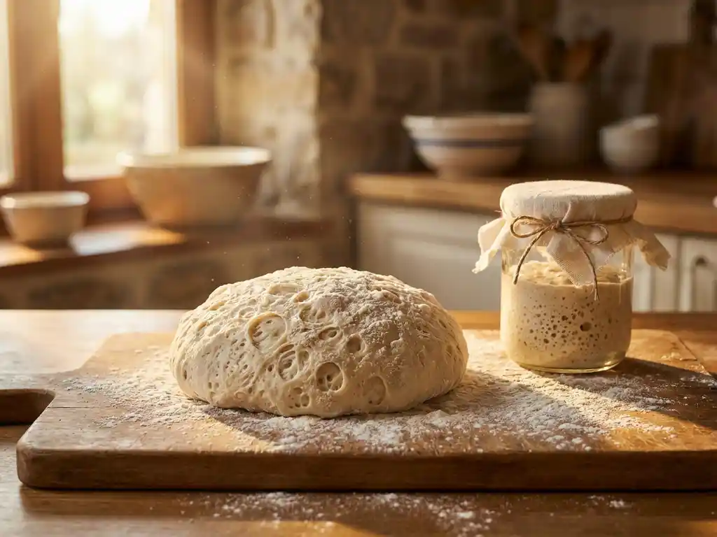 Luchtig zuurdesempizzadeeg met zichtbare bubbels op houten snijplank naast glazen pot actieve starter in warm keukenlich