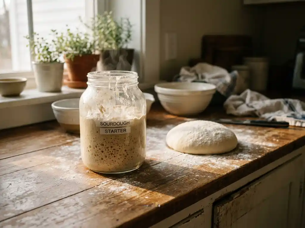 Glazen pot met borrelende zuurdesemstarter op rustiek houten aanrecht, pizzadeeg en meel in warm ochtendlicht