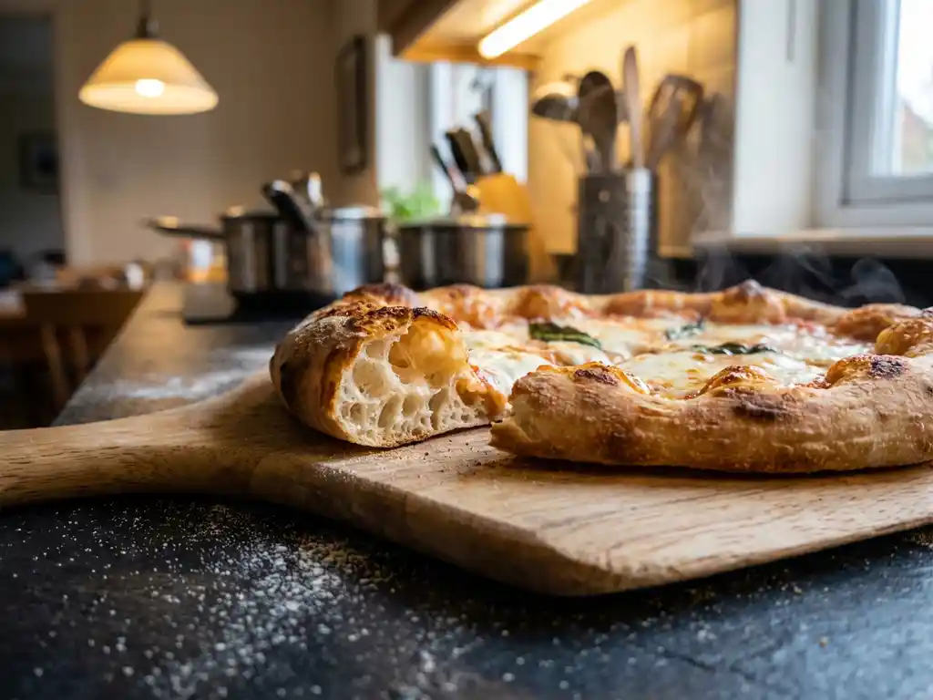 Versgebakken zuurdesempizza met goudbruine korst en bubbelende kaas op houten pizzaschep, stoom stijgt op