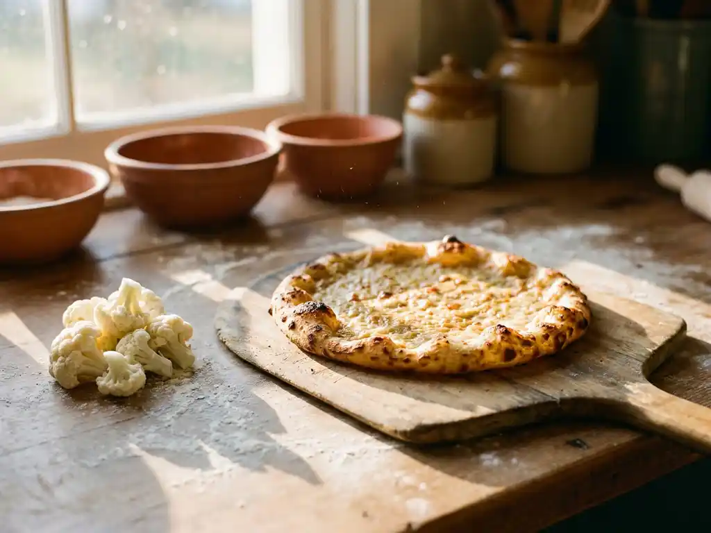 Goudbruin gebakken bloemkoolpizzabodem op houten pizzaschep met verkoolde plekjes, rauwe bloemkoolroosjes ernaast op aanrecht