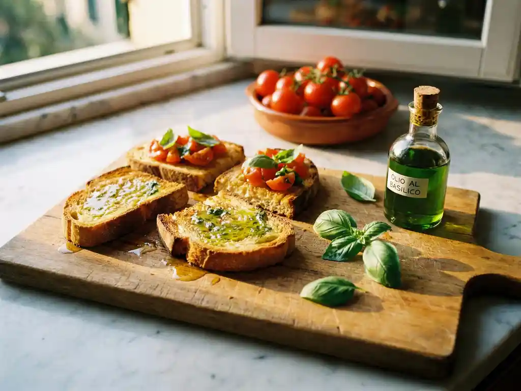 Goudbruine bruschetta op rustieke houten snijplank met verse basilicum, olijfolie en cherrytomaatjes op marmeren aanrecht