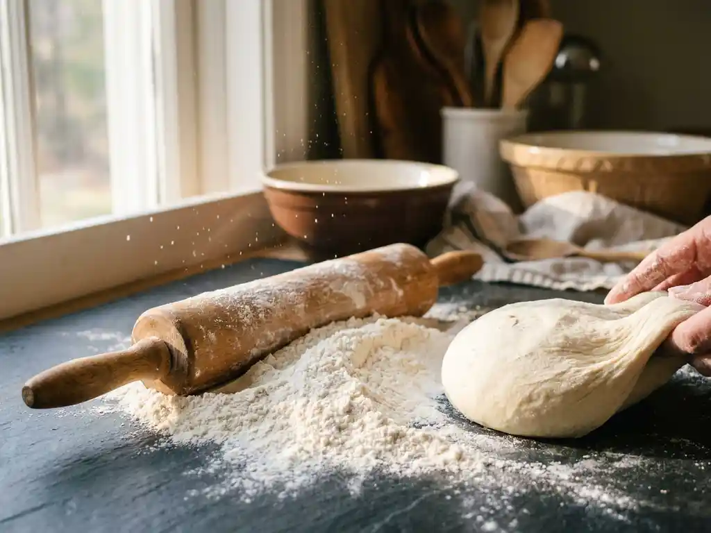 Houten deegroller op donkere leisteen naast elastisch pizzadeeg, omringd door fijn cassavemeel in warm natuurlijk licht.