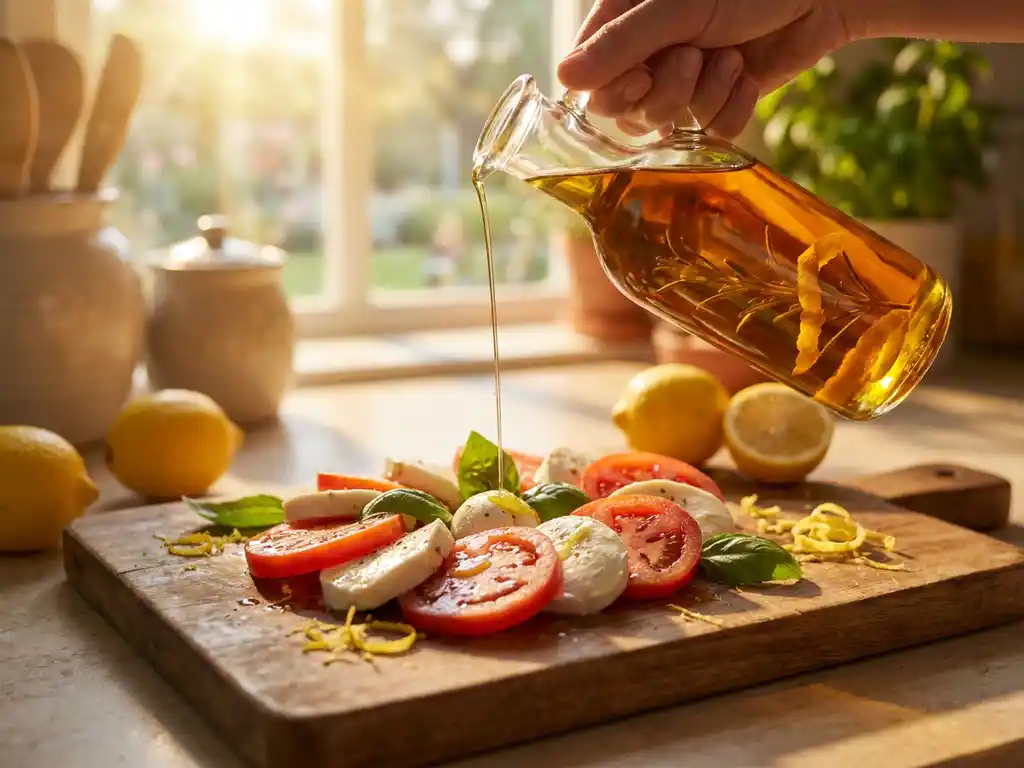 Gouden citroenolijfolie gedruppeld over caprese salade met tomaten en basilicum op rustieke houten snijplank, citroenen en rasp ernaast.