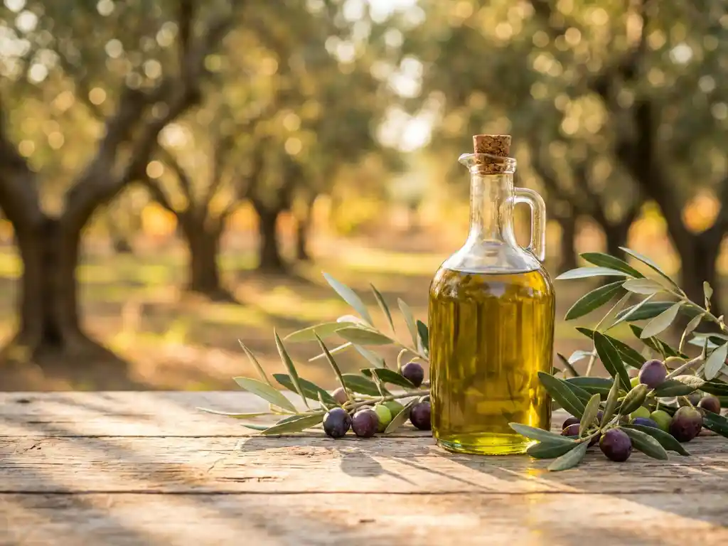 Glazen fles extra vierge olijfolie tussen zilvergroene olijftakken met rijpe olijven op rustieke houten tafel in Mediterrane boomgaard