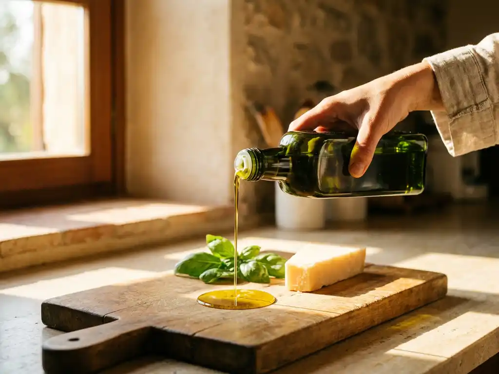 Extra vergine olijfolie stroomt uit donkergroene fles op houten snijplank naast verse basilicum en parmezaan