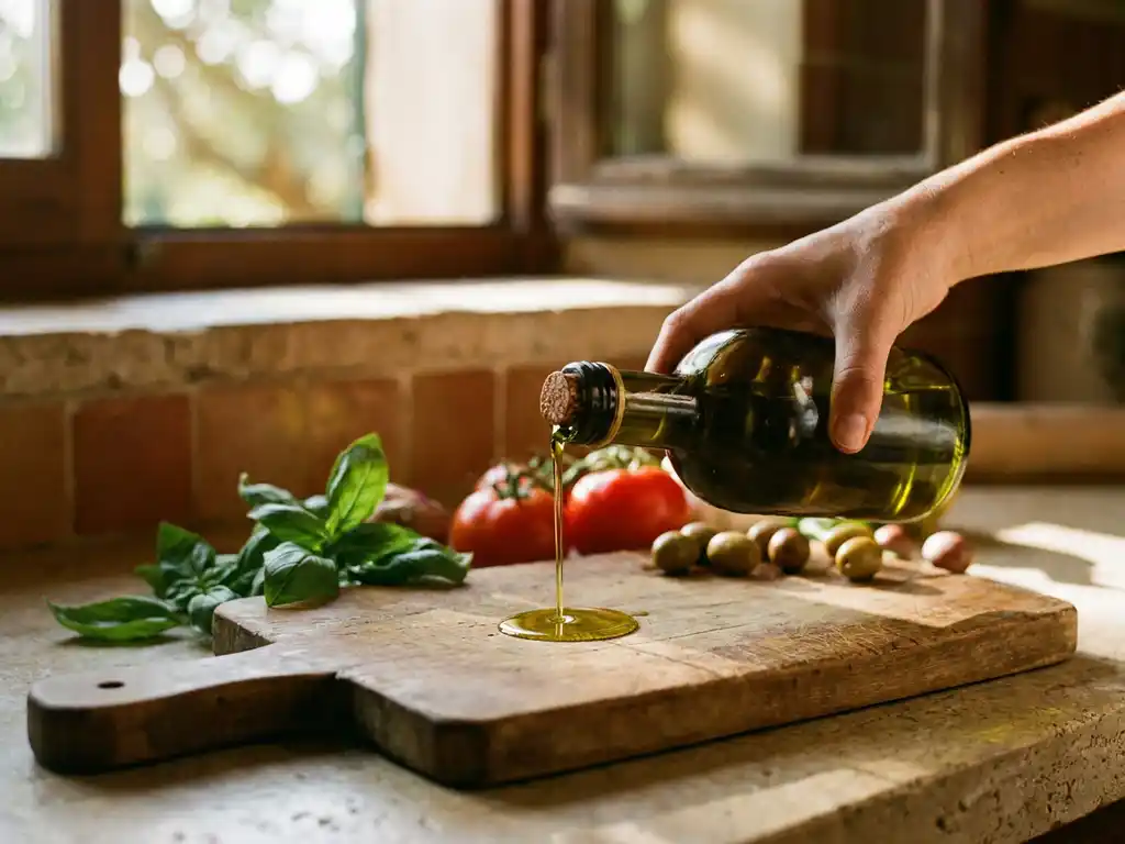 Goudgroene extra vergine olijfolie stroomt uit donkere fles op houten snijplank naast verse basilicum en tomaten in zonlicht.