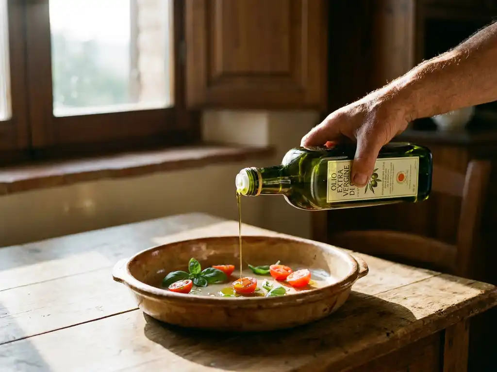 Extra vierge olijfolie wordt uit donkergroene fles gegoten op terracotta schaaltje, met basilicum en tomaten op houten tafel