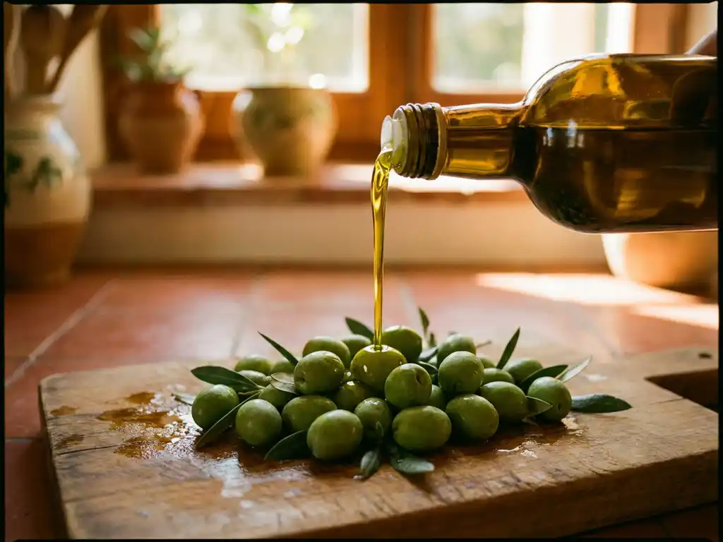 Extra vierge olijfolie stroomt uit een donkere glazen fles over verse groene olijven op een houten snijplank in warm zonlicht.