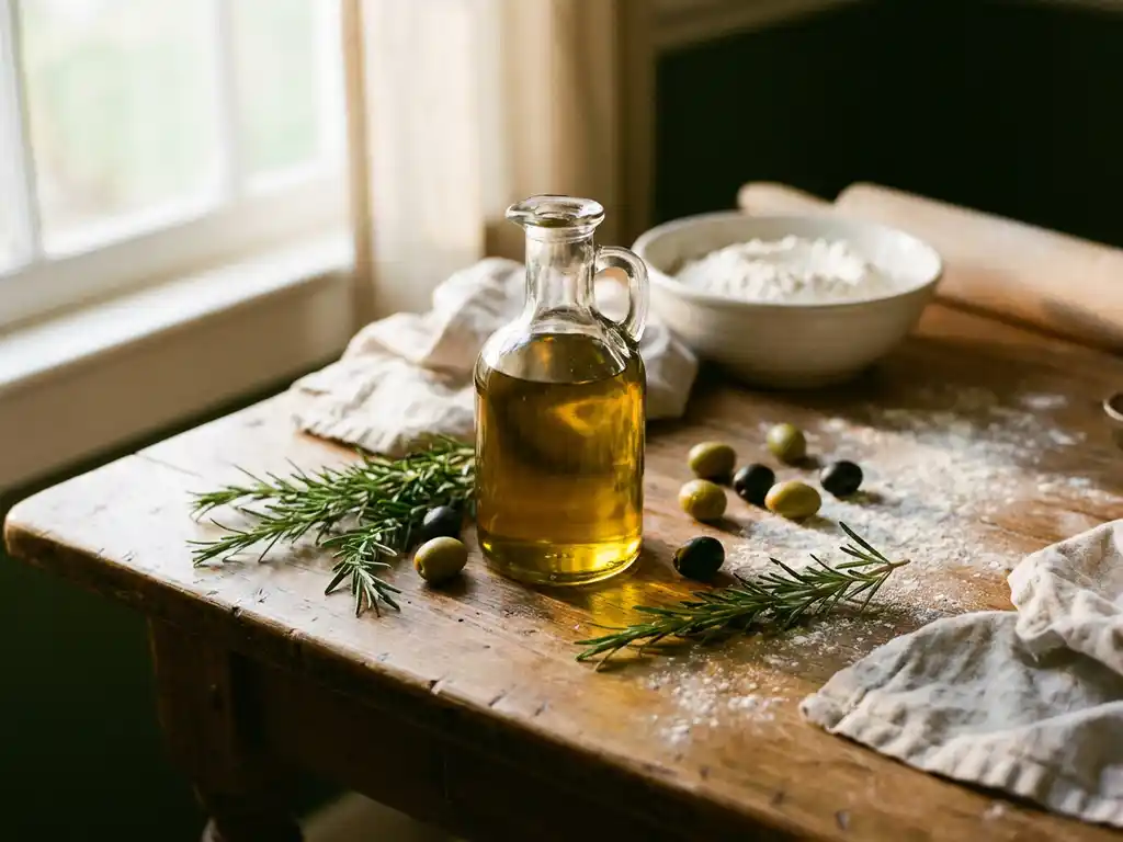 Fles extra vierge olijfolie op houten tafel met rozemarijn, olijven en bloem voor pizzabereiding.