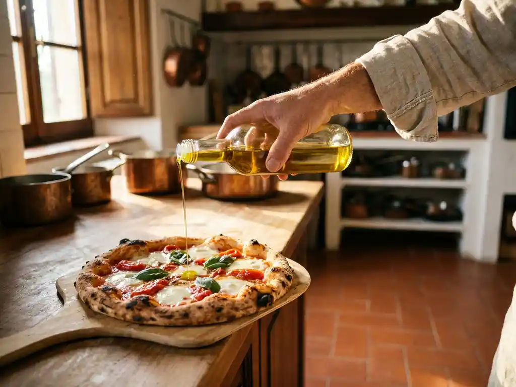 Extra vergine olijfolie wordt uit een glazen fles gedruppeld over een Napolitaanse pizza met borrelende mozzarella en verkoold korstje.