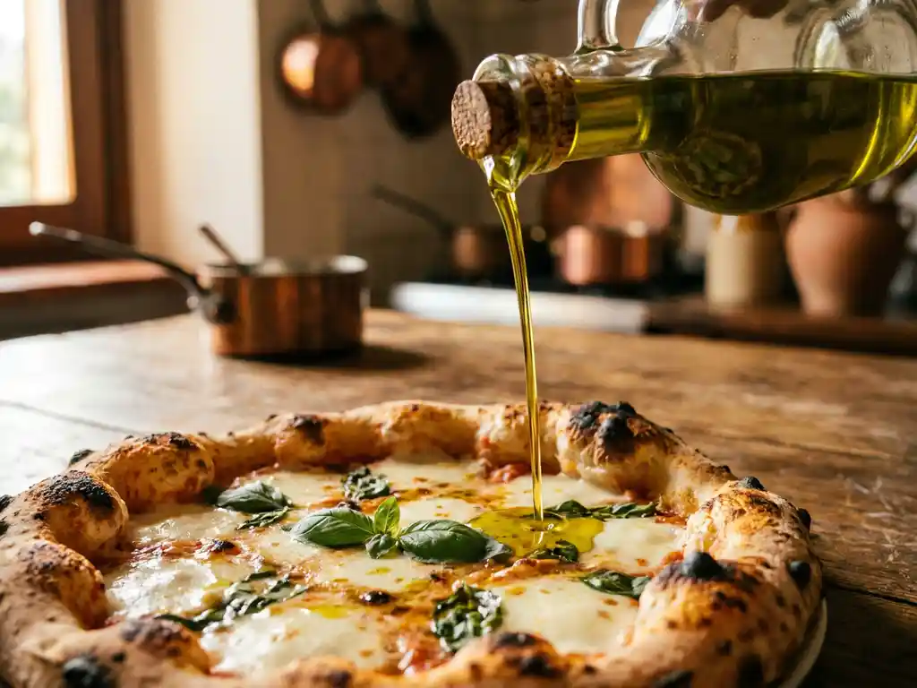 Extra vergine olijfolie druipt op Napolitaanse pizza met borrelende mozzarella, verkoolde korst en verse basilicum op houten tafel.