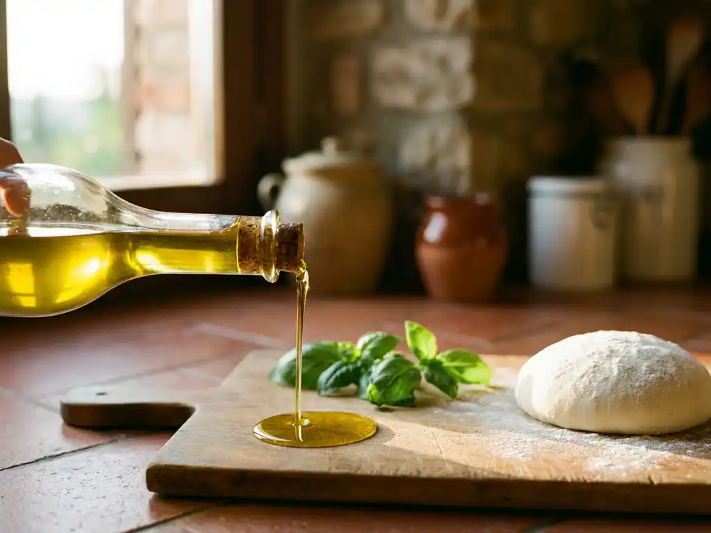 Extra vergine olijfolie gegoten op houten snijplank naast verse basilicum en pizzadeeg in Mediterrane keuken