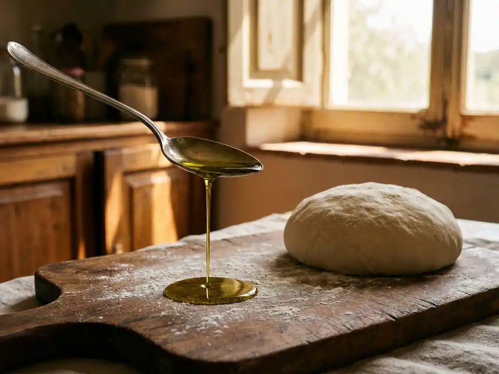 Zilveren eetlepel giet extra vergine olijfolie over een houten snijplank met bloem en vers pizzadeeg in warm keukenzonlicht.