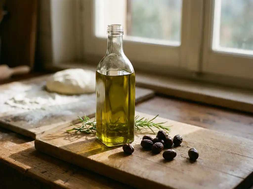 Glazen fles extra vierge olijfolie in zonlicht, verse rozemarijn en Taggiasca olijven op rustieke houten snijplank, pizzadeeg op achtergrond.