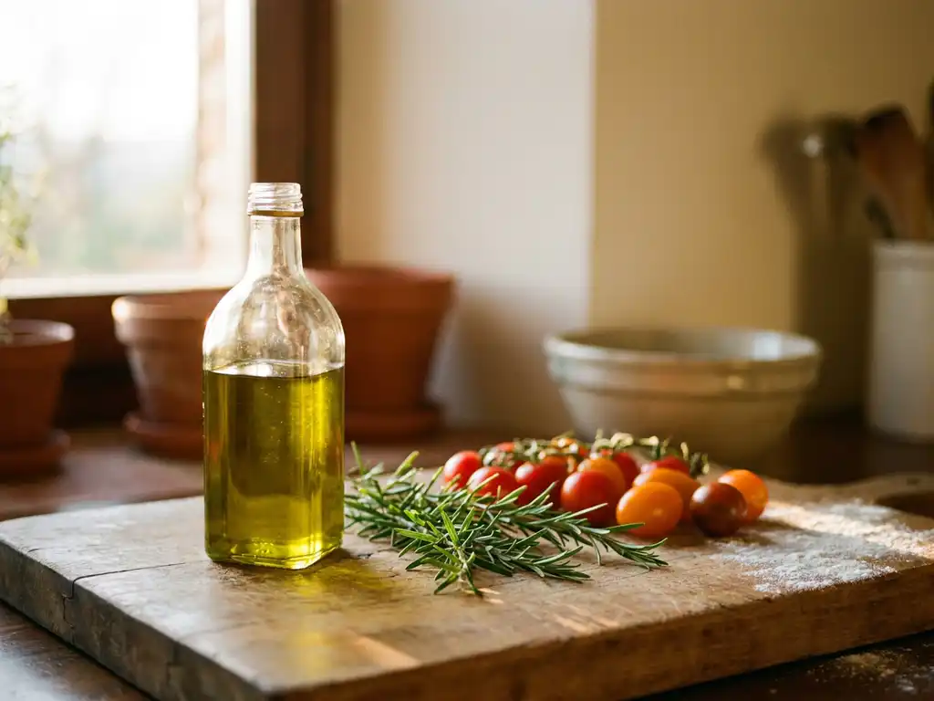 Fles extra vierge olijfolie in zonlicht met verse rozemarijn en kerstomaatjes op een rustieke houten snijplank