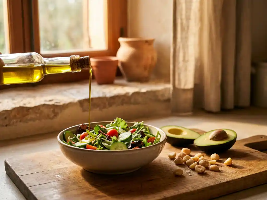 Extra vierge olijfolie gegoten over verse groene salade met avocado en macadamianoten op houten snijplank