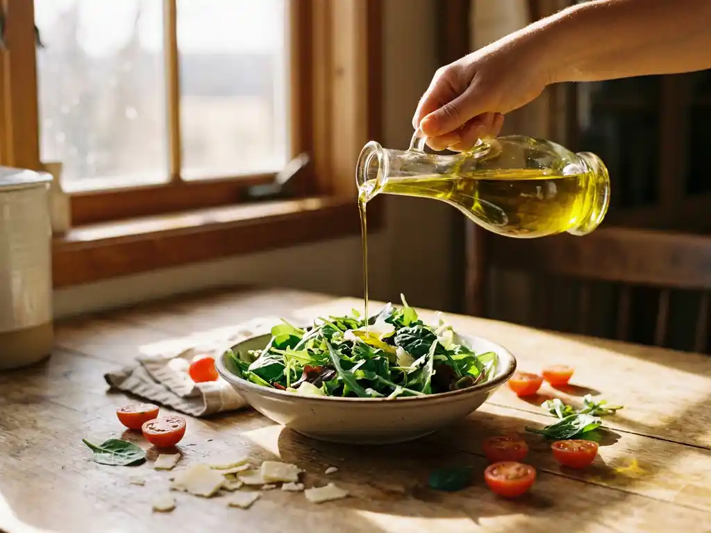 Gouden extra vierge olijfolie stroomt uit glazen fles over verse salade met cherrytomaatjes en parmezaan op houten tafel