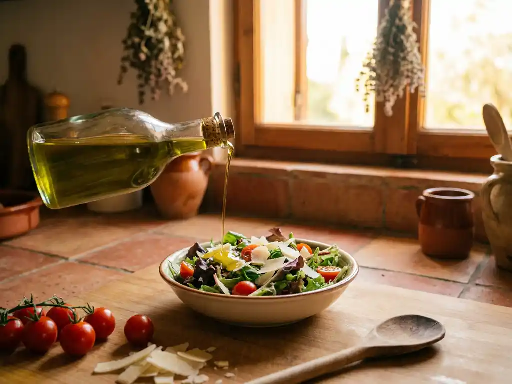 Extra vierge olijfolie gegoten over verse gemengde slablaadjes in rustieke kom, met kerstomaatjes en parmezaan