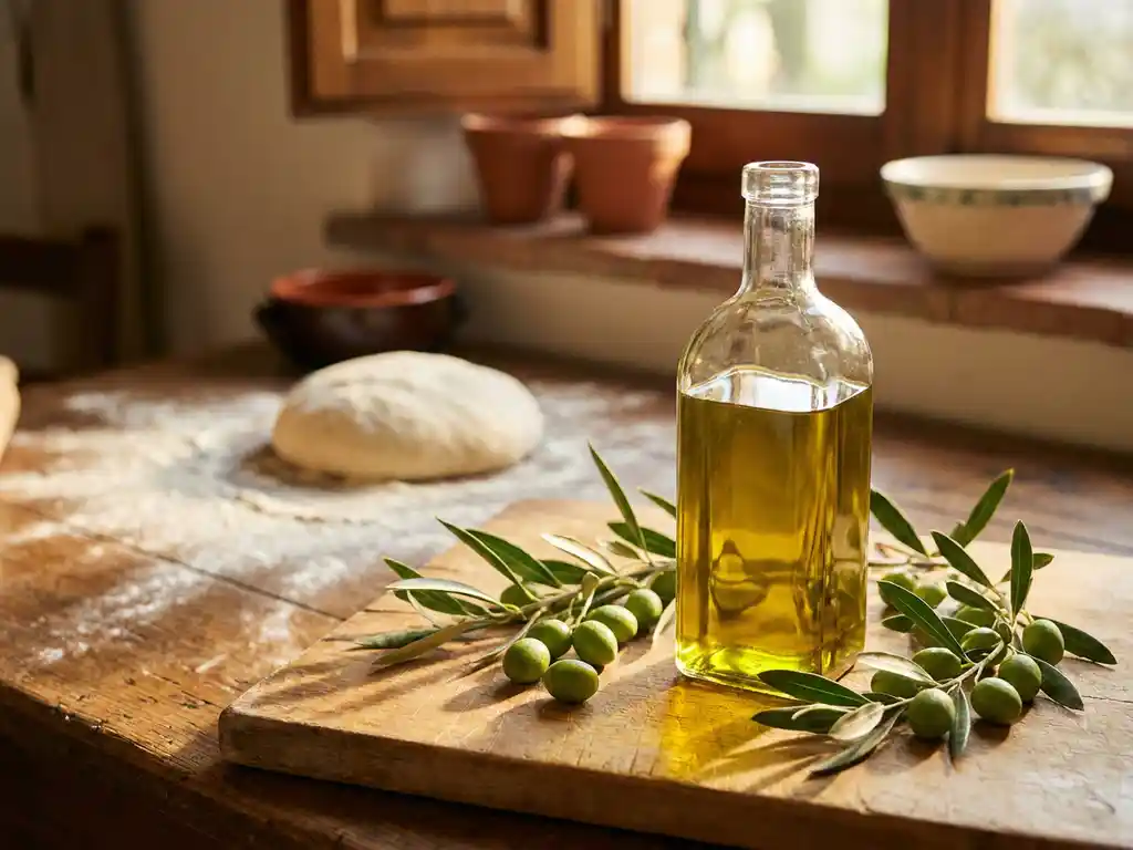 Glazen fles extra vierge olijfolie in zonlicht, verse olijftakken met groene olijven op houten snijplank, pizzadeeg op achtergrond.